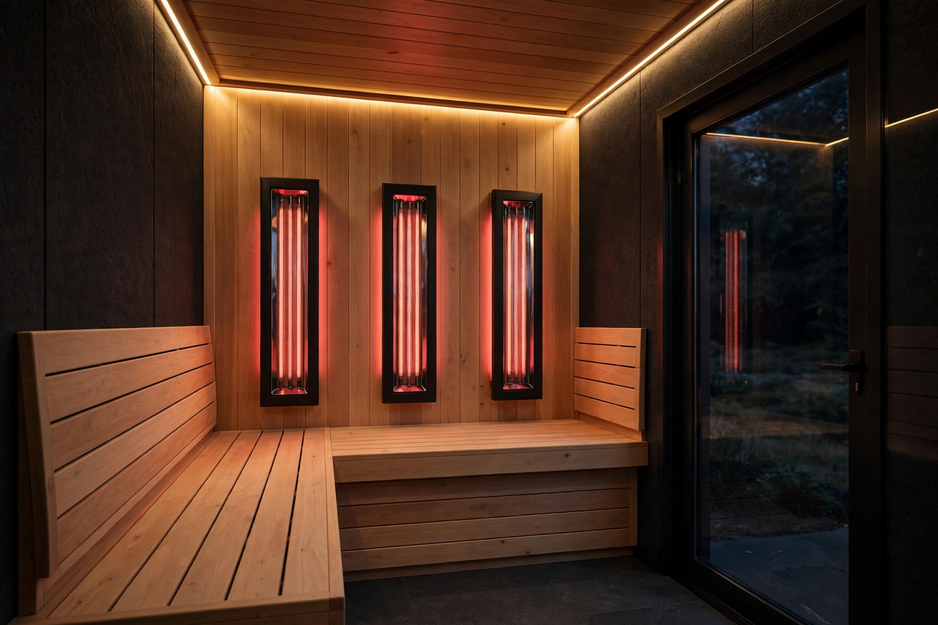 Premium infrared sauna interior with glowing full-spectrum heaters