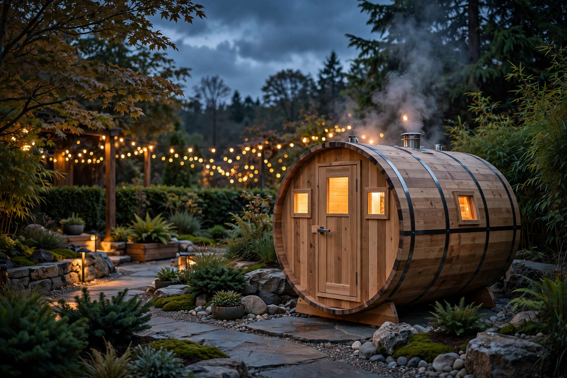 Outdoor sauna at dusk